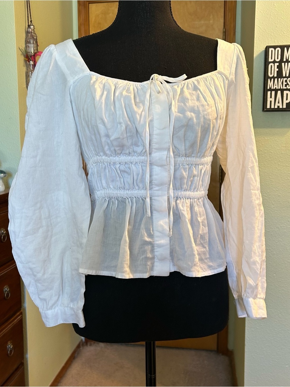 J. Crew white long puff sleeve button down square neck peplum cotton blouse 8